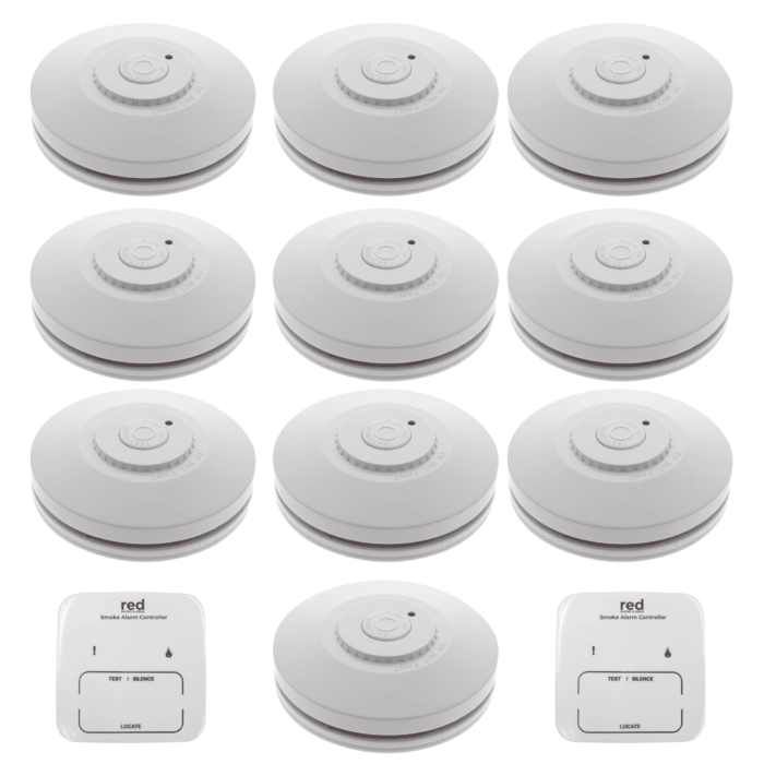 R10RF 10x Wireless Interconnected Smoke Alarms Pack With 2 Remote Controllers